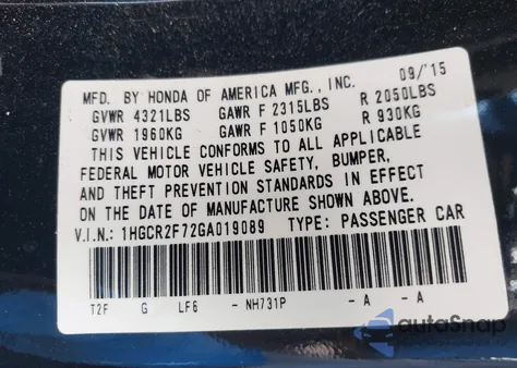 2016 Honda Accord Ex from USA, damaged, VIN 1HGCR2F72GA019089